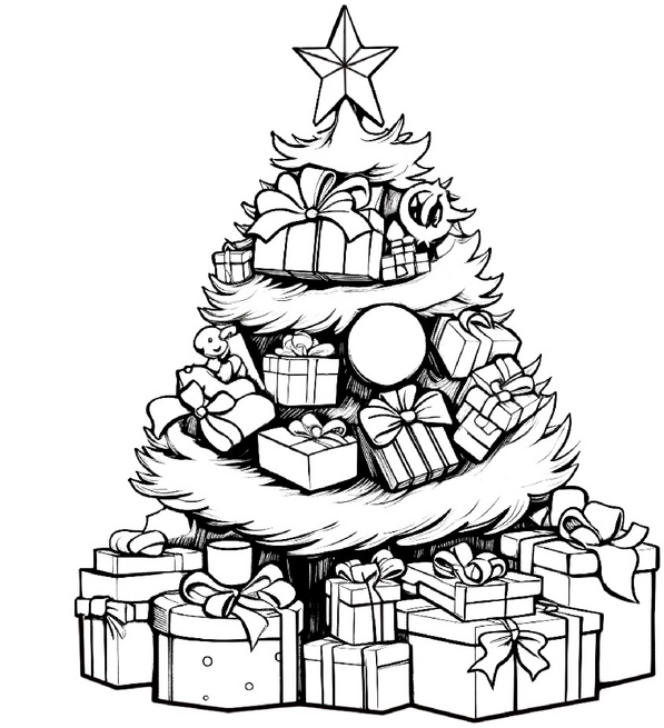 malvorlage-geschmueckter-tannenbaum-mit-geschenken