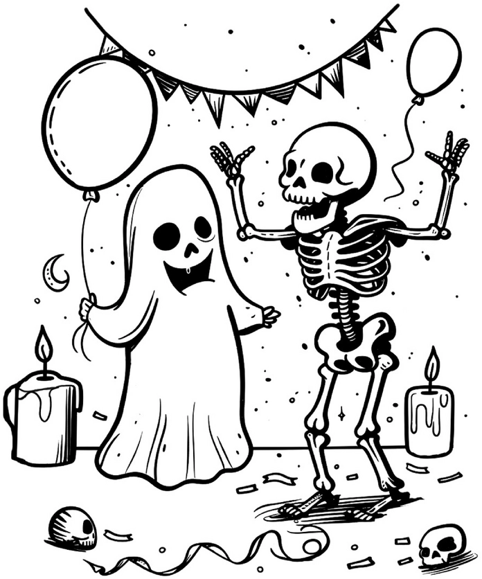 malvorlage-gespenst-und-skelett-mit-ballons-und-kerzen