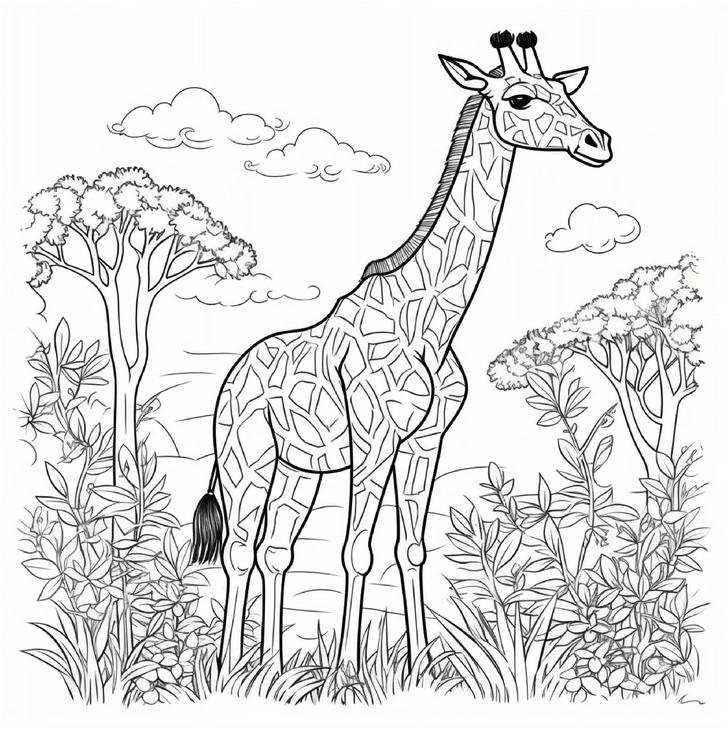 malvorlage-giraffe-im-wald-ausmalen