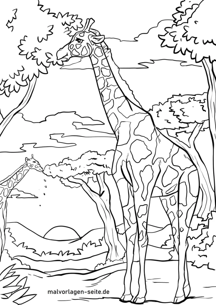 malvorlage-giraffe-in-der-natur-und-baeume