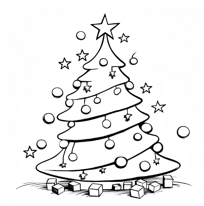 malvorlage-glitzernder-weihnachtsbaum-mit-geschenken-und-sternen