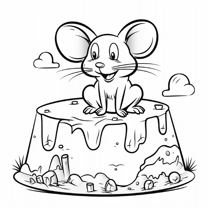 malvorlage-glueckliche-maus-auf-kuchen