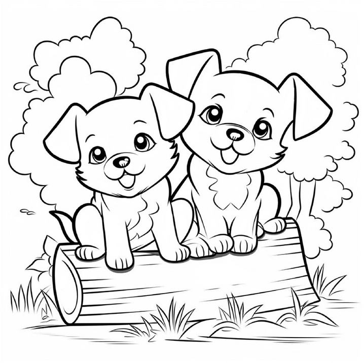 malvorlage-glueckliche-welpen-auf-baumstamm