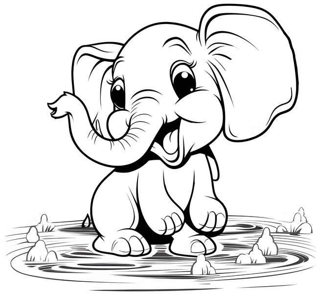 malvorlage-gluecklicher-elefant-in-wasserpuefte