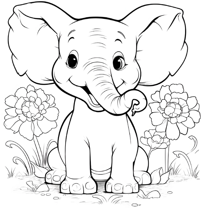 malvorlage-gluecklicher-elefant-und-blumen