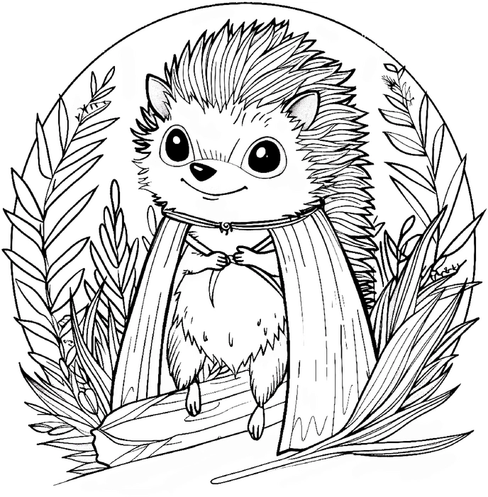 malvorlage-gluecklicher-igel-im-wald-mit-pflanzen