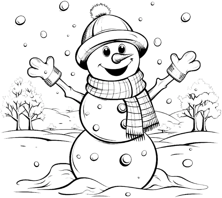 malvorlage-gluecklicher-schneemann-in-winterlandschaft