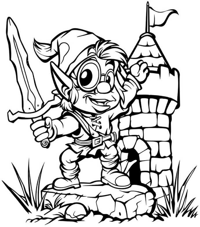 malvorlage-gnom-vor-burg-mit-schwert