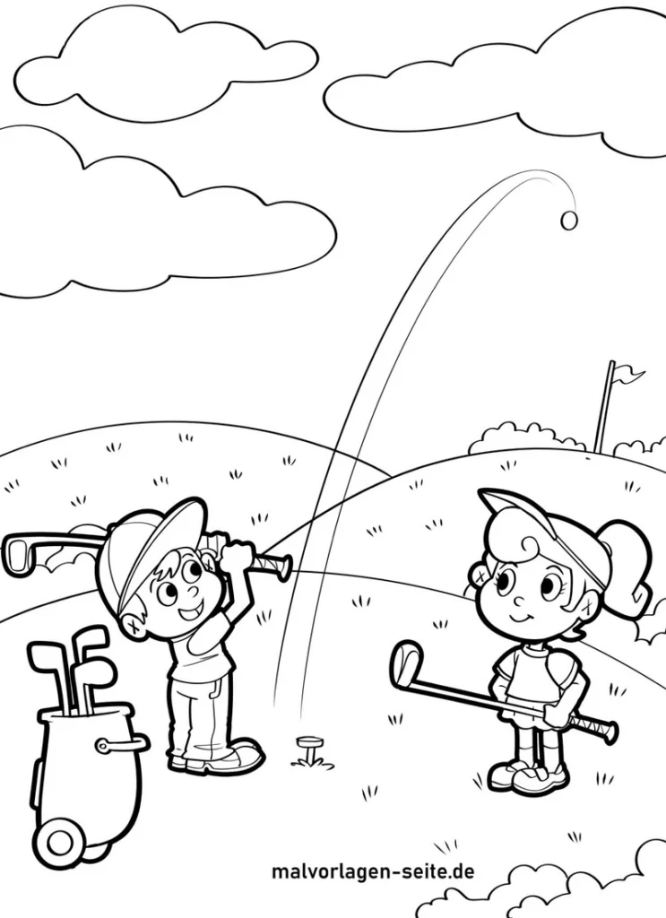 malvorlage-golfspielende-kinder-auf-dem-golfplatz