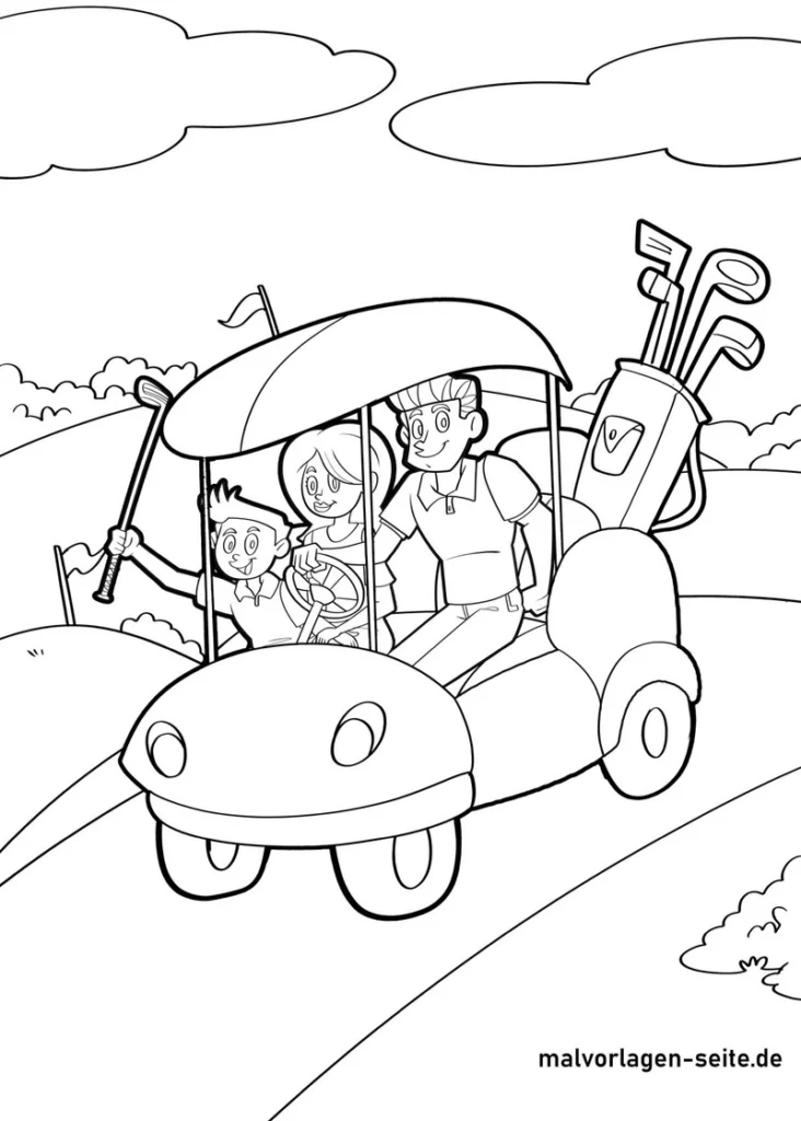 malvorlage-golfwagen-fröhliche-charaktere-naturkulisse
