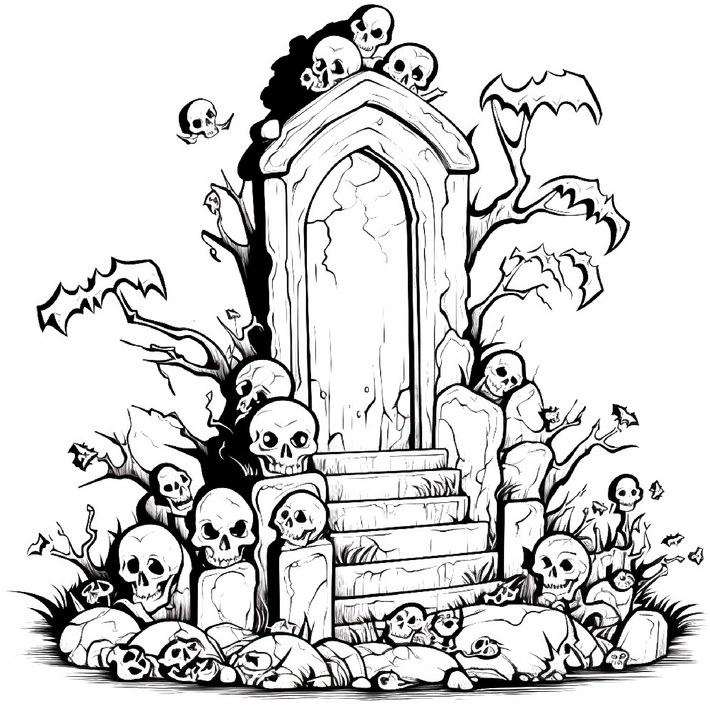 malvorlage-grabstein-mit-schaedeln-und-fledermaeusen