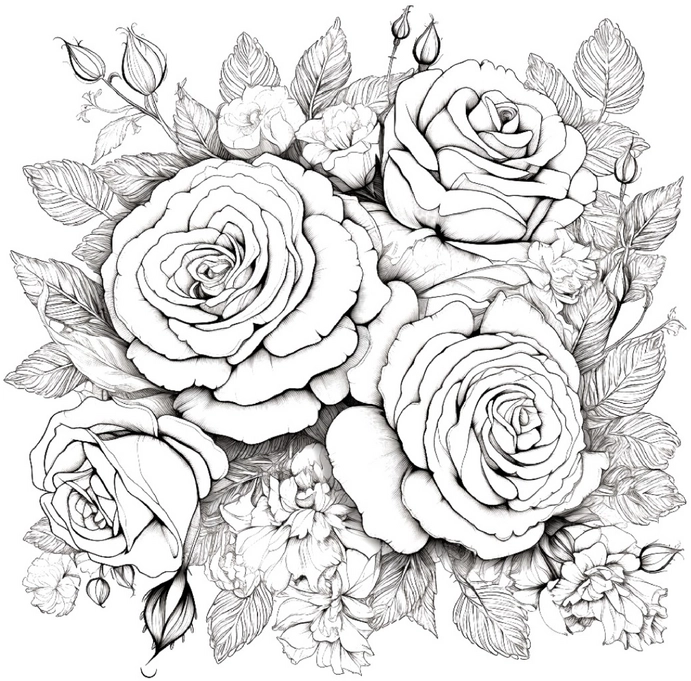 malvorlage-grosse-rosen-im-blumenstrauss