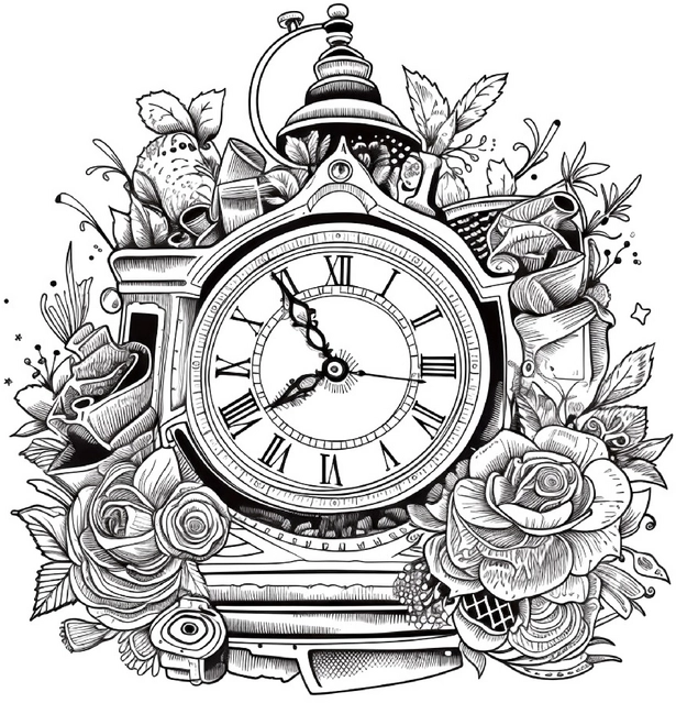 malvorlage-grosse-uhr-mit-blumen