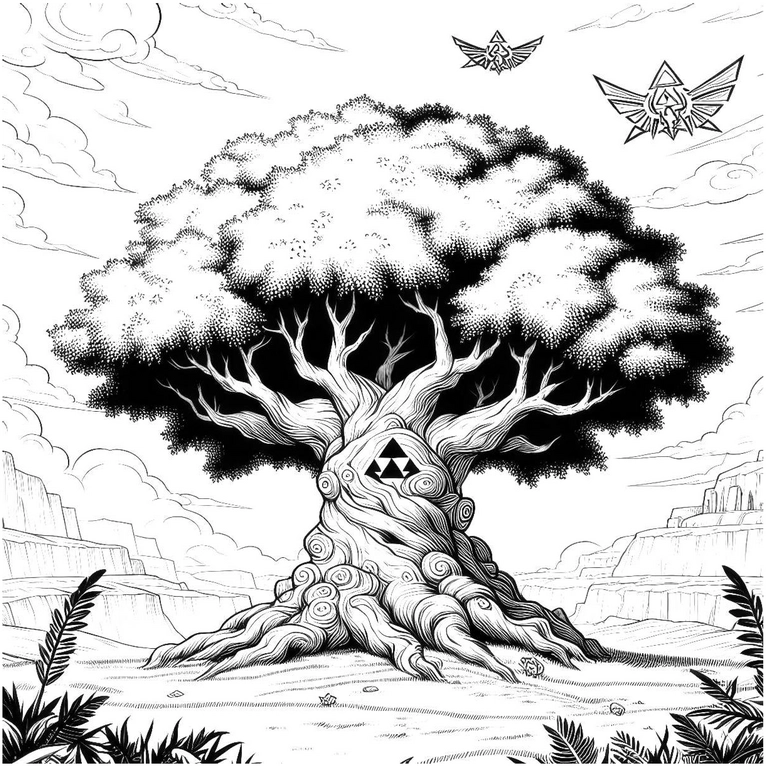 malvorlage-grosser-baum-mit-fantasie-elementen