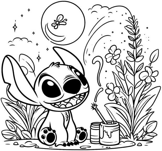 malvorlage-grosser-charakter-in-bluehender-umgebung