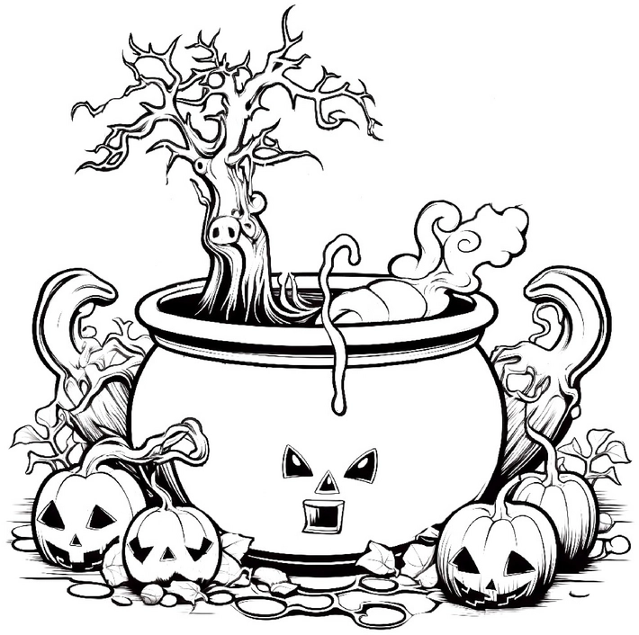 malvorlage-gruseliger-hexenkessel-mit-kuerbis-und-baum