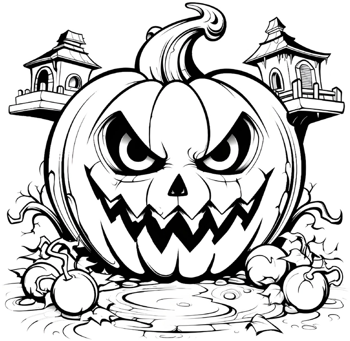 malvorlage-gruseliger-jack-o-lantern-mit-duesterer-kulisse