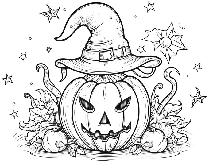 malvorlage-gruseliger-kuerbis-mit-hexenhut-fuer-halloween
