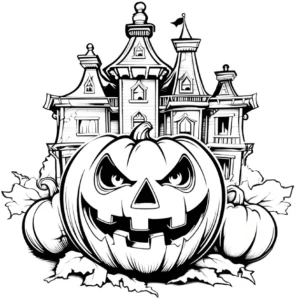 malvorlage-gruseliges-herrenhaus-mit-kuerbis-fuer-halloween