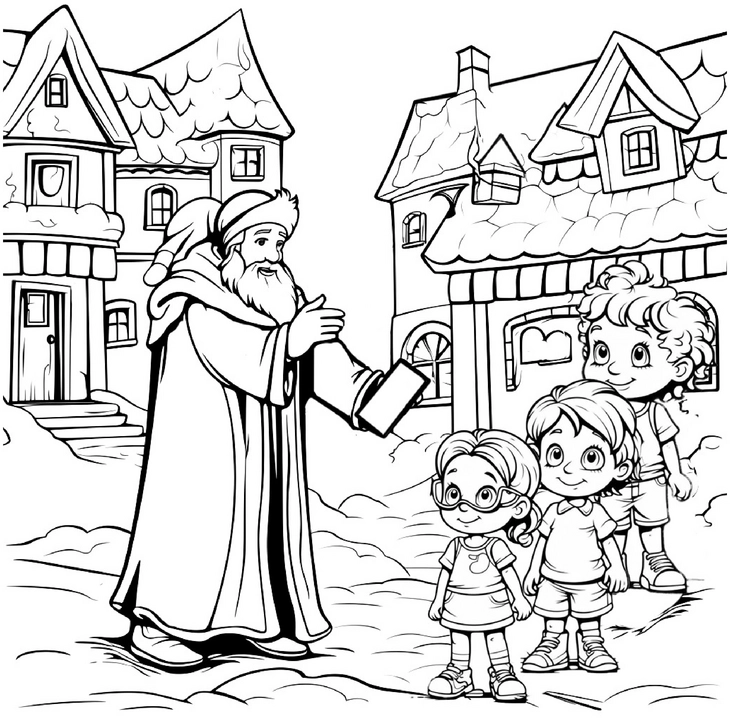 malvorlage-guetiger-nikolaus-im-verschneiten-dorf