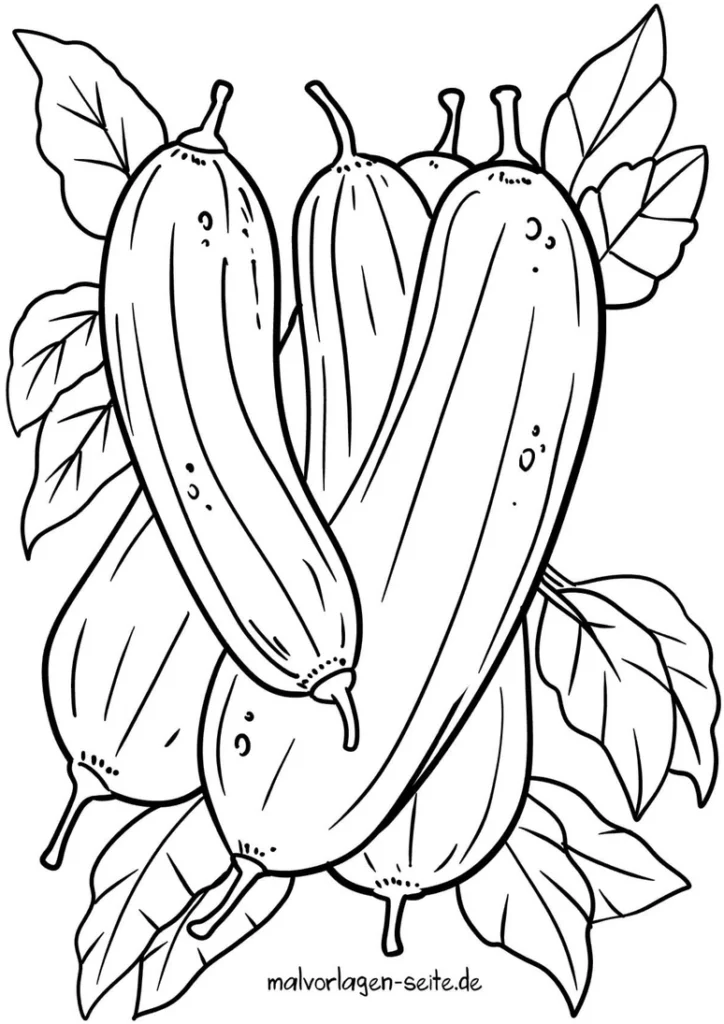 malvorlage-gurken-mit-blaettern-fuer-kreative-ausmalmomente