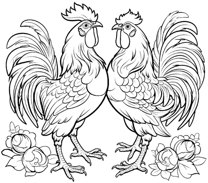 malvorlage-haehne-mit-blumen