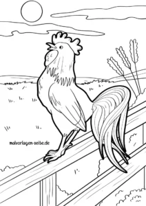 malvorlage-hahn-auf-dem-zaun-im-sonnenaufgang