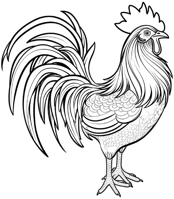 malvorlage-hahn-detailliertes-gefeieder-fuer-ausmalprojekte