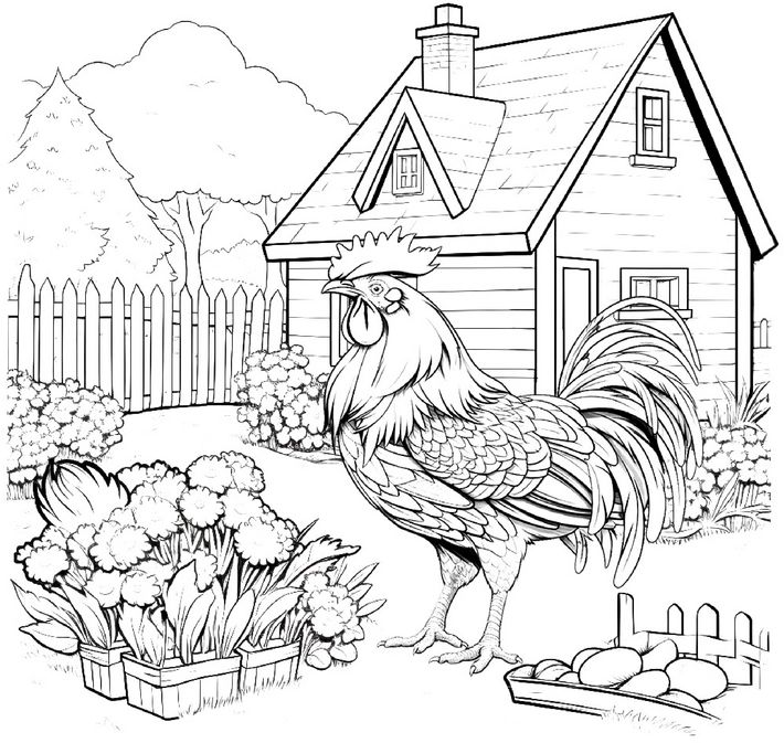 malvorlage-hahn-im-garten-mit-scheune-und-blumen