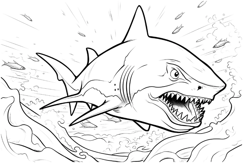 malvorlage-hai-in-den-wellen-mit-fischen