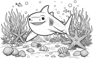 malvorlage-hai-in-der-unterwasserwelt-mit-seesternen-und-fischen