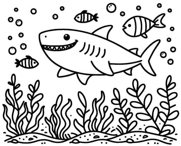 malvorlage-hai-mit-fischen-und-unterwasserwelt