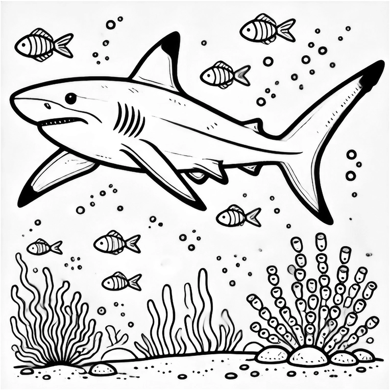 malvorlage-haifisch-meeresbewohner-korallen