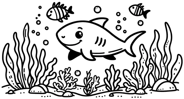 malvorlage-haifisch-mit-fischen-und-wasserpflanzen