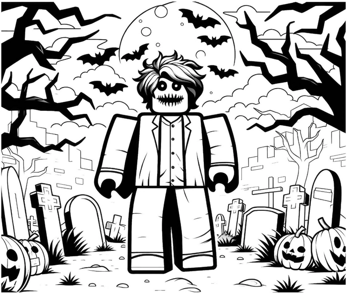 malvorlage-halloween-figur-mit-kuerbissen-und-fledermaeusen