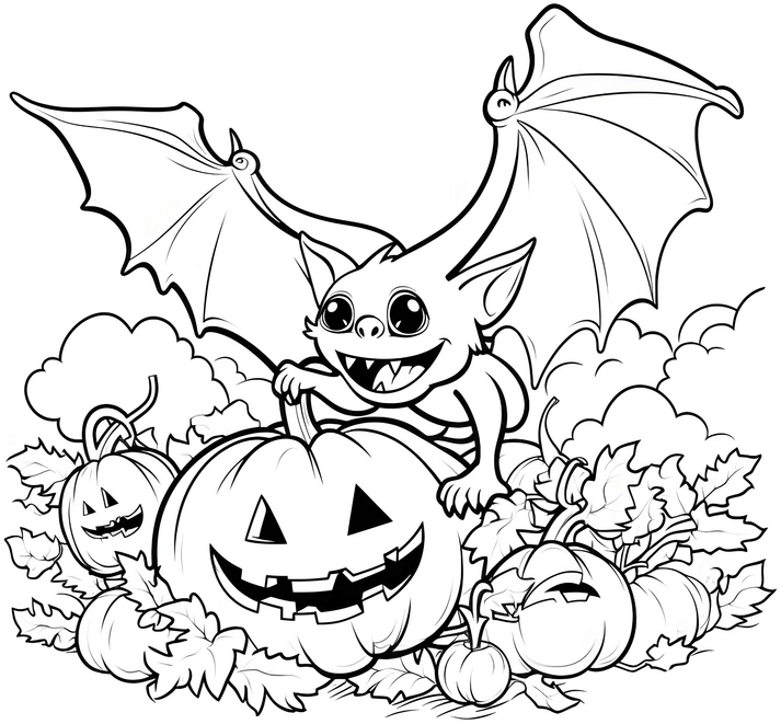 malvorlage-halloween-fledermaus-und-kuerbisse