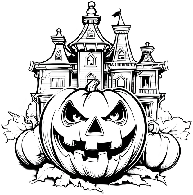 malvorlage-halloween-gruseliger-kuerbis-herrenhaus