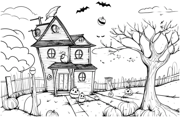 malvorlage-halloween-gruseliges-haus-mit-kuerbis-und-fledermaeusen