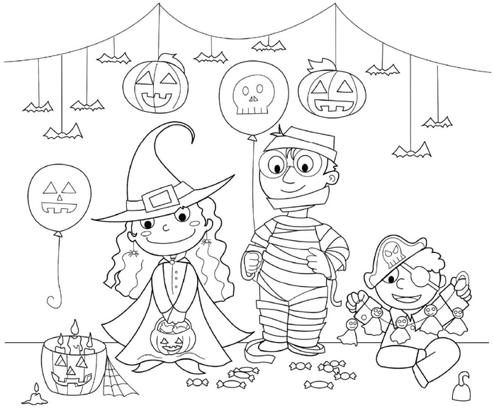 malvorlage-halloween-kinder-in-kostuemen-mit-kuerbissen-und-ballons