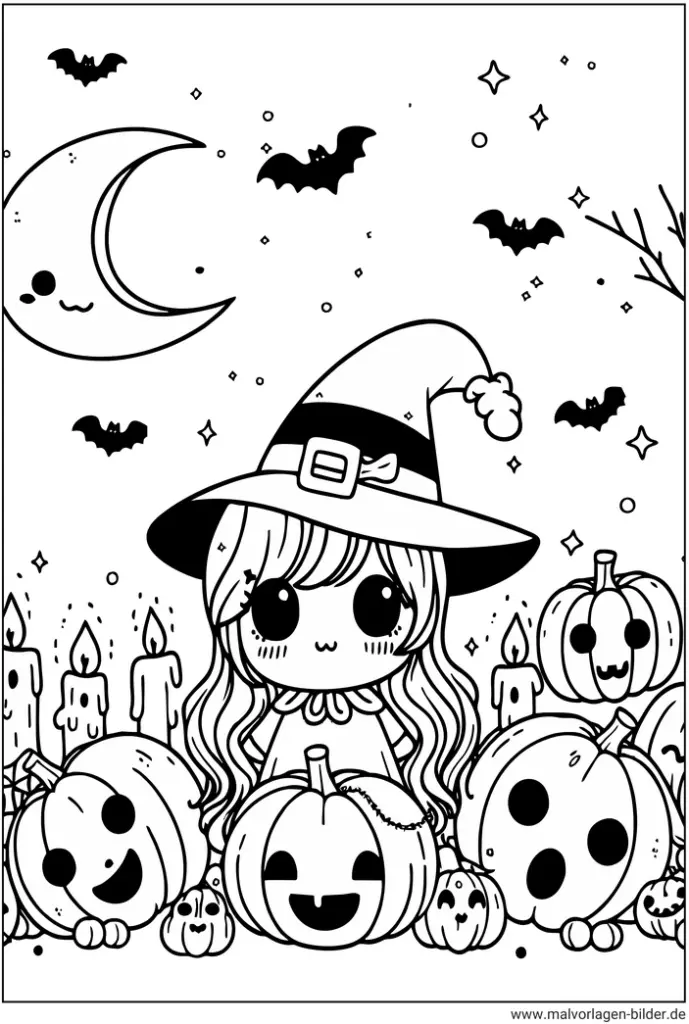 malvorlage-halloween-kleine-hexe-kuerbisse