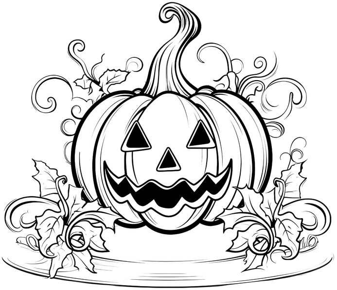 malvorlage-halloween-kuerbis-mit-ranken-und-blaettern