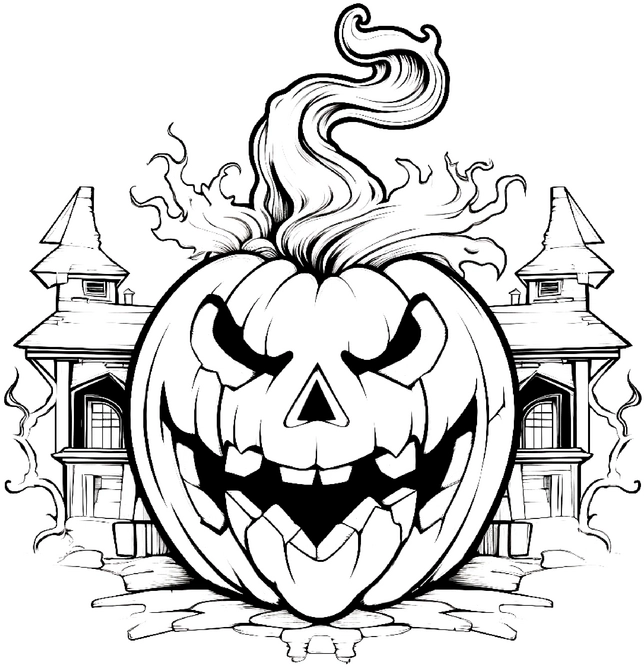 malvorlage-halloween-kuerbis-und-geheimnisvolles-haus