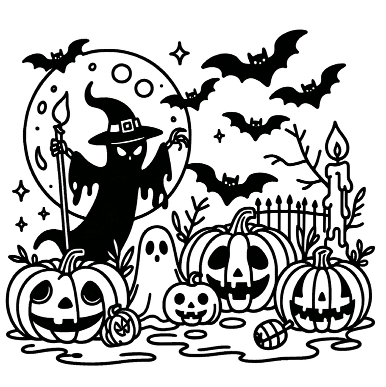 malvorlage-halloween-mit-hexe-und-kuerbissen