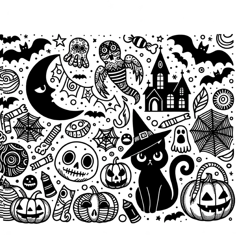 malvorlage-halloween-mit-katzen-geistern-und-kuerbis