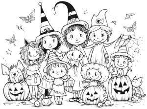 malvorlage-halloween-mit-kindern-und-hexen-kostuemen