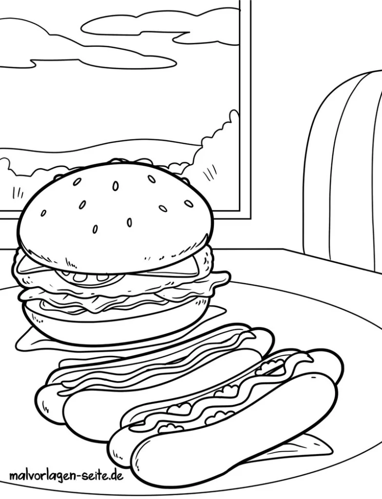 malvorlage-hamburger-und-hotdogs-ausmalen