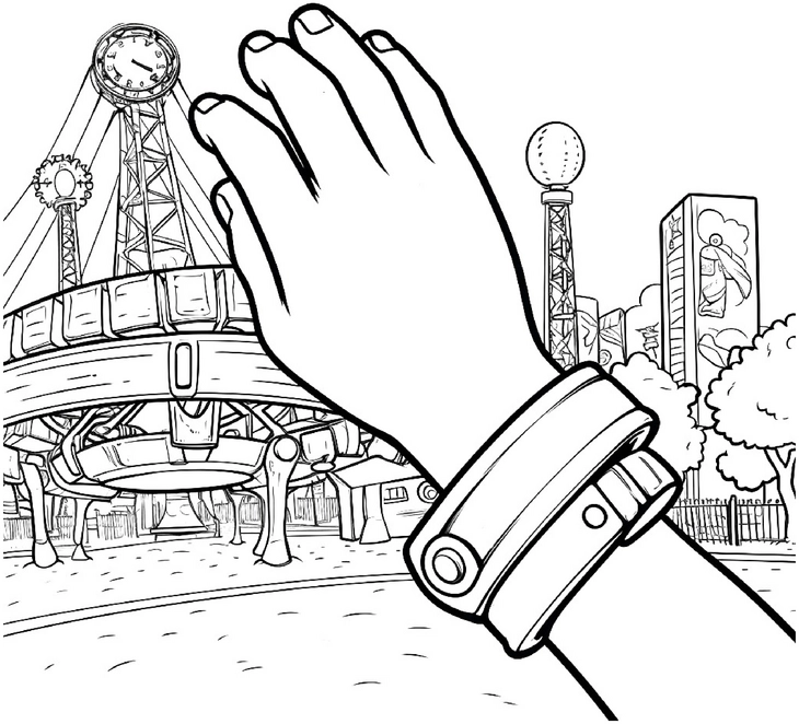 malvorlage-hand-im-freizeitpark-mit-riesenrad-und-karussell