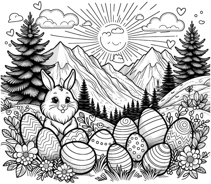 malvorlage-hase-bunte-ostereier-in-der-natur