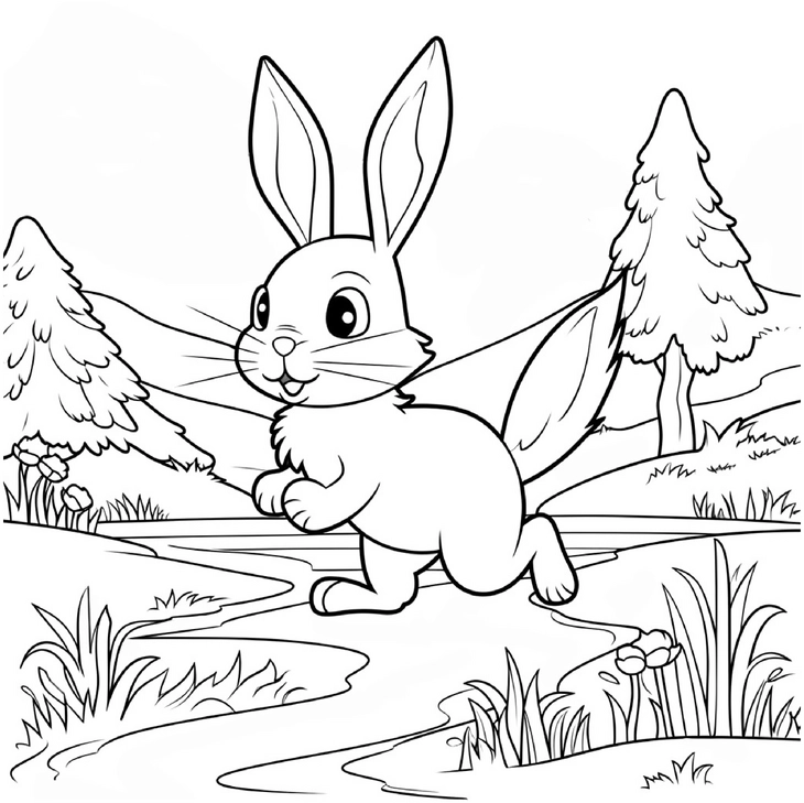 malvorlage-hase-in-der-natur-mit-baeumen-und-blumen
