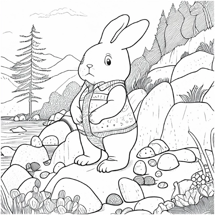 malvorlage-hase-in-der-natur-mit-berglandschaft